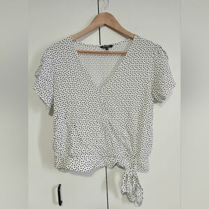 GEORGE Black White Polka Dot Wrap Top Large Tulip Sleeve Cropped